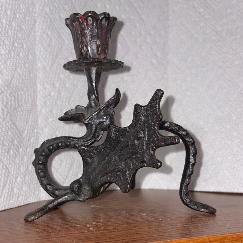 Antique Black Gothic Cast Iron Griffin / Dragon Tulip Candle Holder